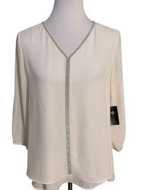 JM Collection Cream V Neck Blouse Silver Trim